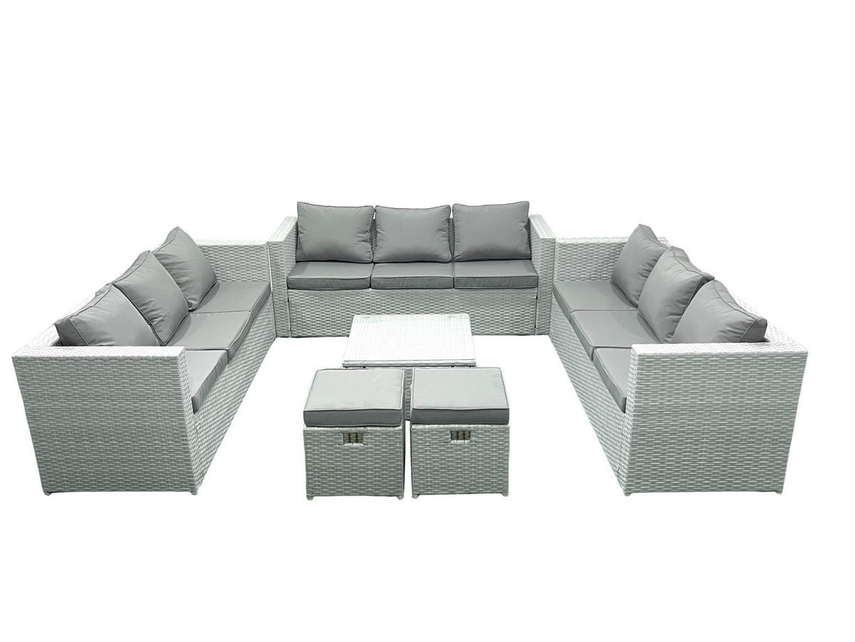 GARTENMÖBELSET mit 3-SITZER SOFA,COUCHTISCH Polyrattan Hellgrau-Mix 11-Sitzer - Hellgrau/Grau, Glas/Kunststoff - Fimous
