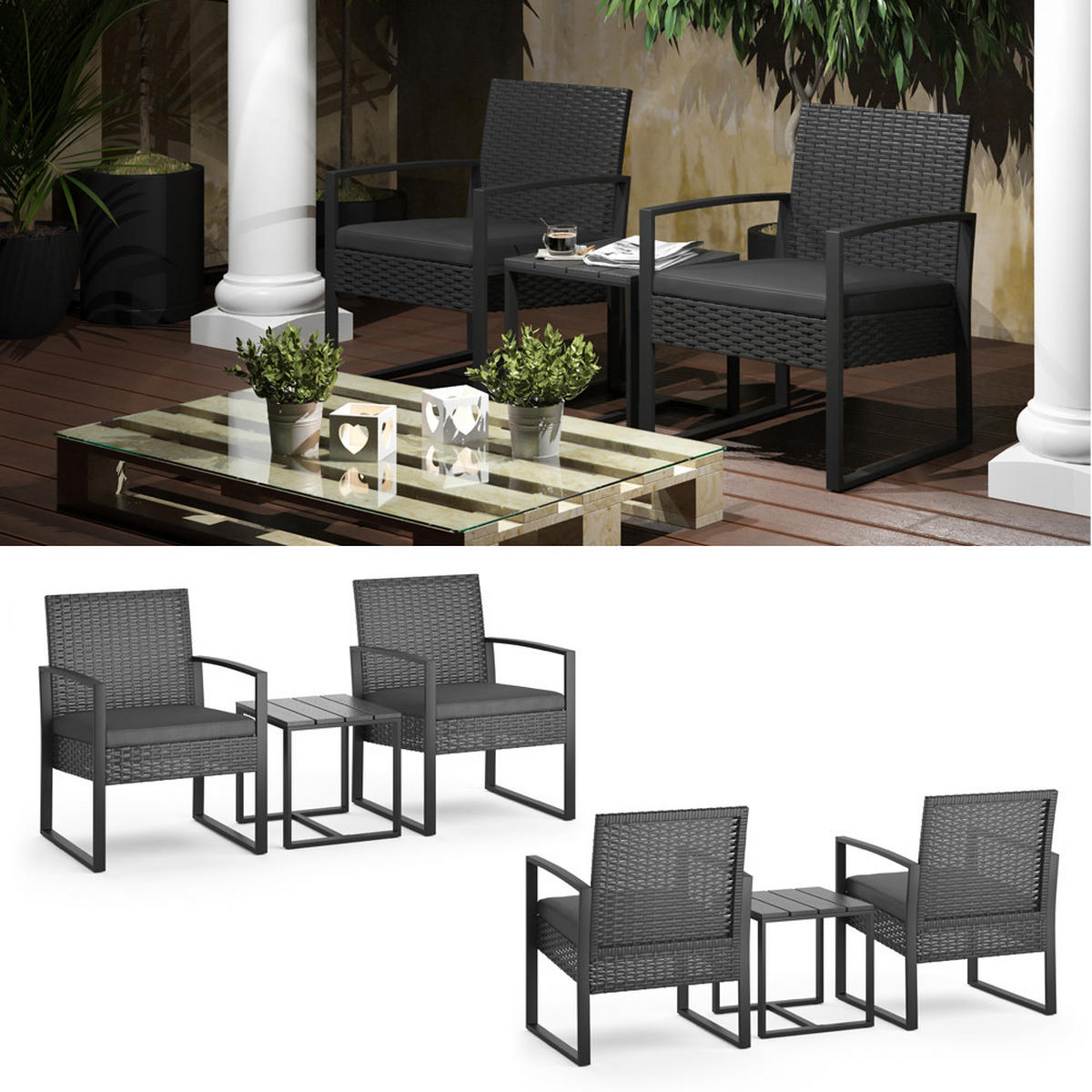 GARTENMÖBEL-SET Anthrazit 3 Teile, mit Tisch - Anthrazit, Kunststoff - OK-Living