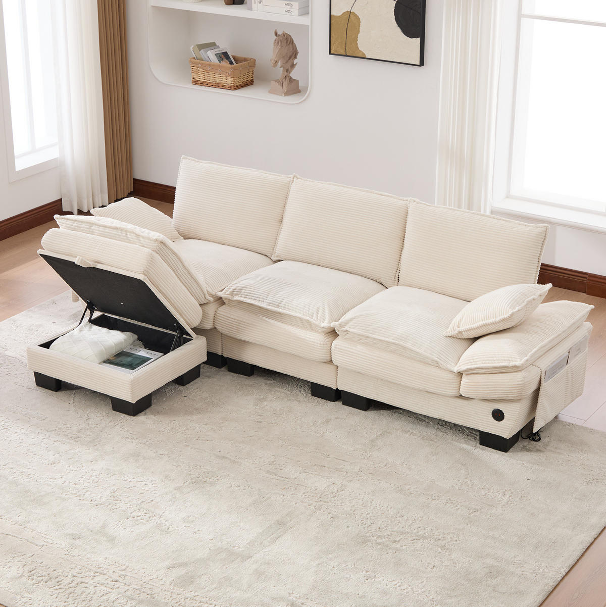 SOFA 3-Sitzer modular 260 x 132 x 84 cm Corduroy Beige mit Hocker - Beige, Kunststoff (132/260cm) - Meubliv