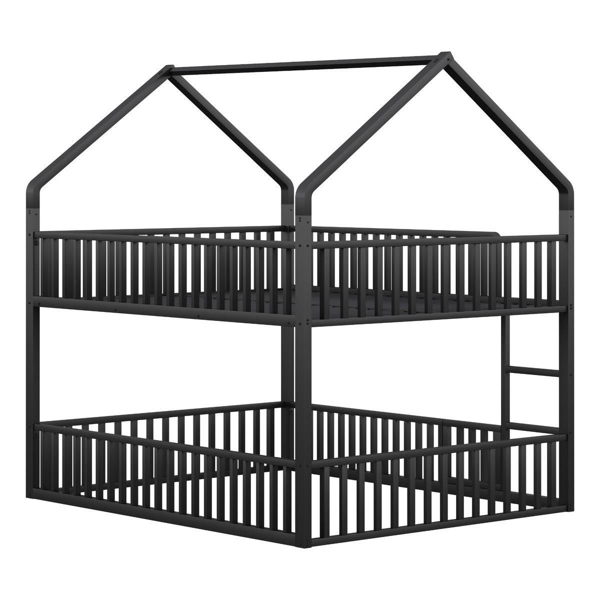 ETAGENBETT 140/200 cm schwarz mit Hausdesign und Sicherheitsgeländern - Schwarz, Metall (140/200cm) - OKWISH