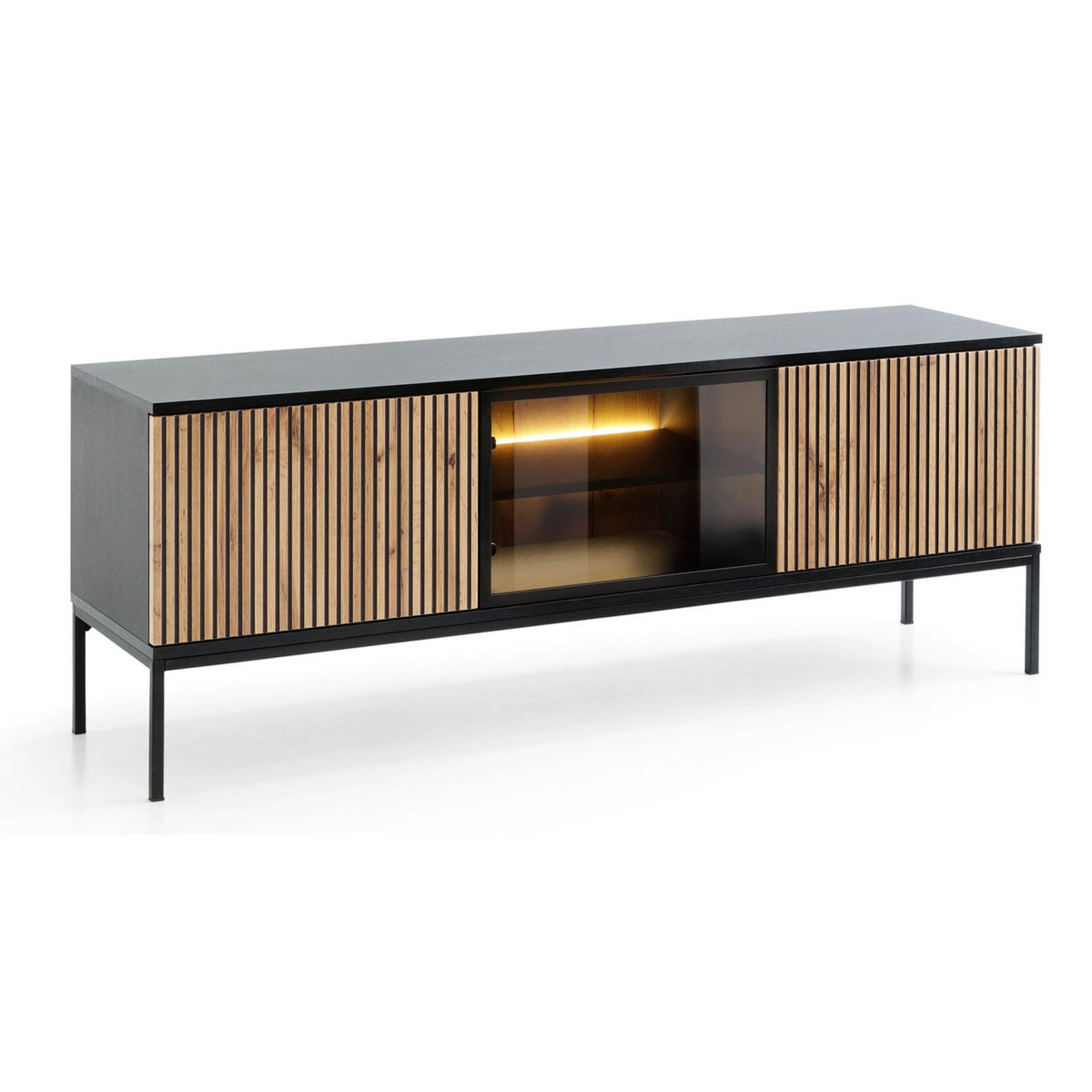 TV-LOWBOARD Tosena Schwarz / Eiche mit LED 154 cm - Schwarz, Holzwerkstoff/Metall (154/56/39cm) - Selsey