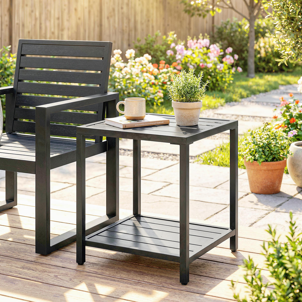 GARTENBEISTELLTISCH DE-14194 zweistufig, quadratisch Schwarz - Schwarz, Metall (45/45/54cm) - ComfortXL