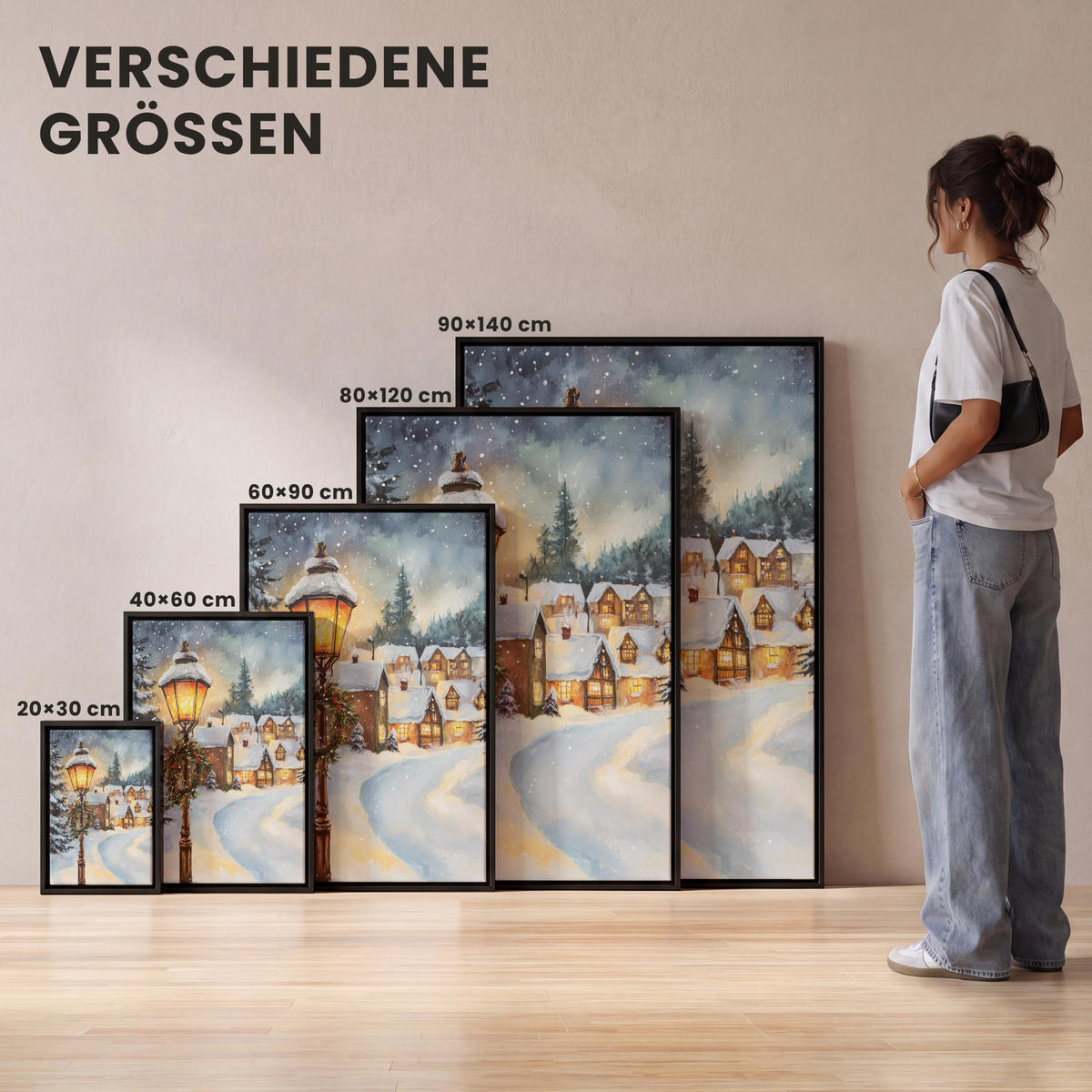 LEINWAND Bilder mit Rahmen - Weihnachtsdorf - Häuser - Schnee - Weihnachten - 80x120 - Sandfarben, Textil (80/120cm) - MuchoWow