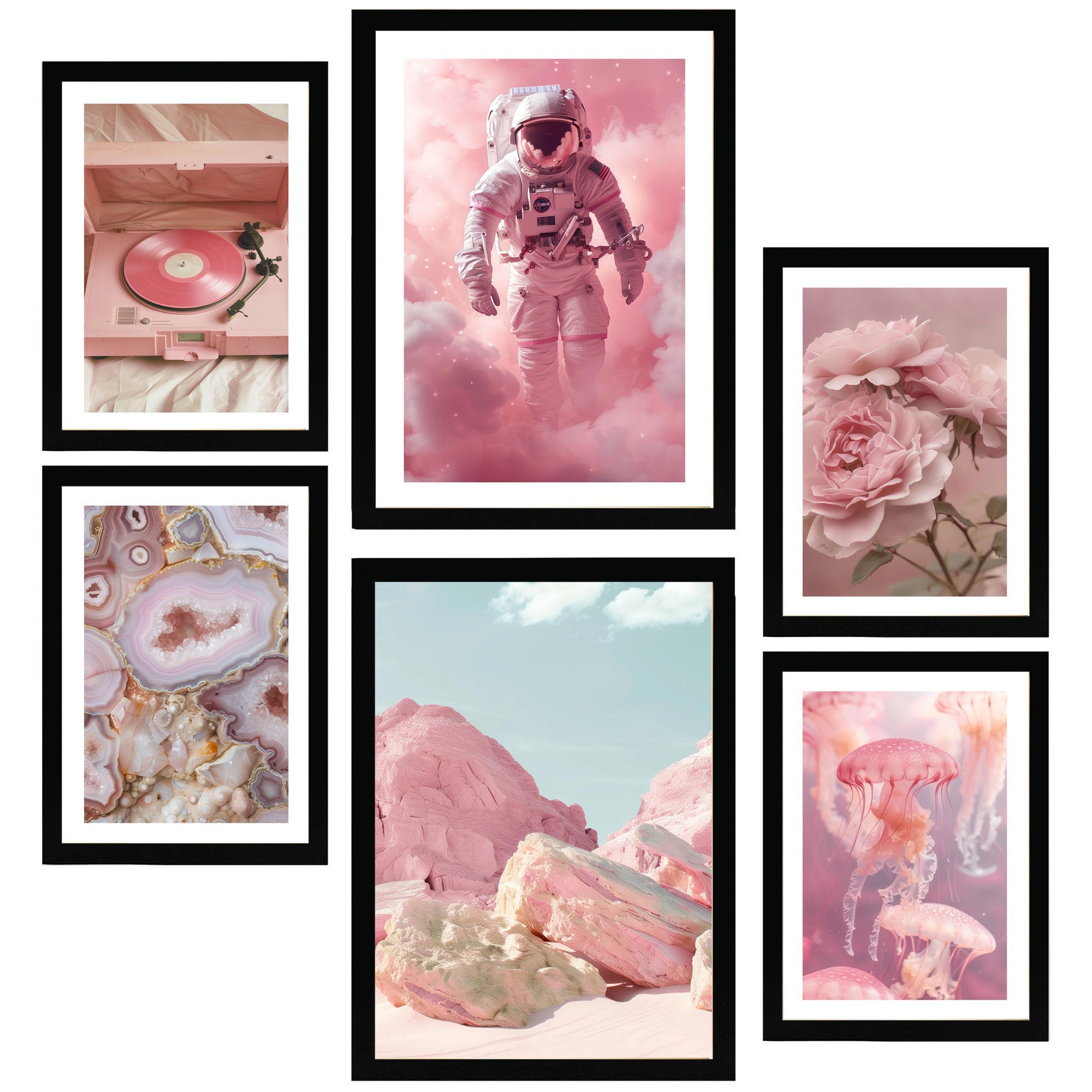 POSTER Set Mit 6 Kunst In Rosa A3 & A4 Schwarzer Rahmen - Schwarz, Papier (29/3cm) - Nacnic