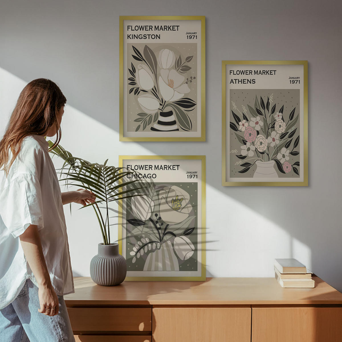 BILDER SET 3er Set - 40x60 cm Goldrahmen - Retro-Blumenarrangements - Goldfarben, Kunststoff (40/60cm) - TULUP