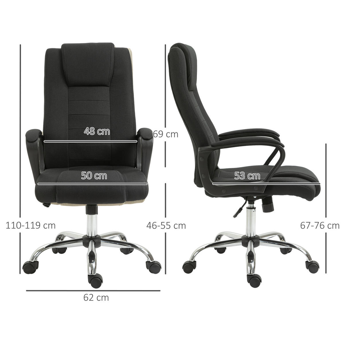 BÜROSTUHL, Computerstuhl, Schwarz - Schwarz, Kunststoff (60/129/65cm) - Vinsetto