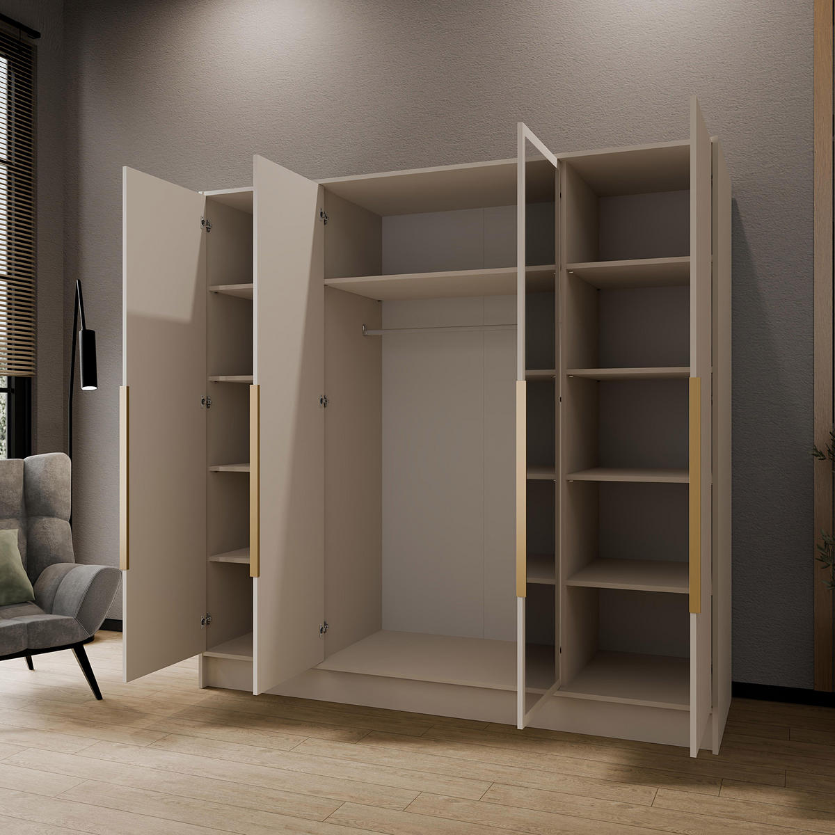 DREHTÜRENSCHRANK Laro mit Spiegel, Kaschmir mit goldenen Griffen, 200 cm - Kaschmir, Holzwerkstoff (200/200/51cm) - Beautysofa