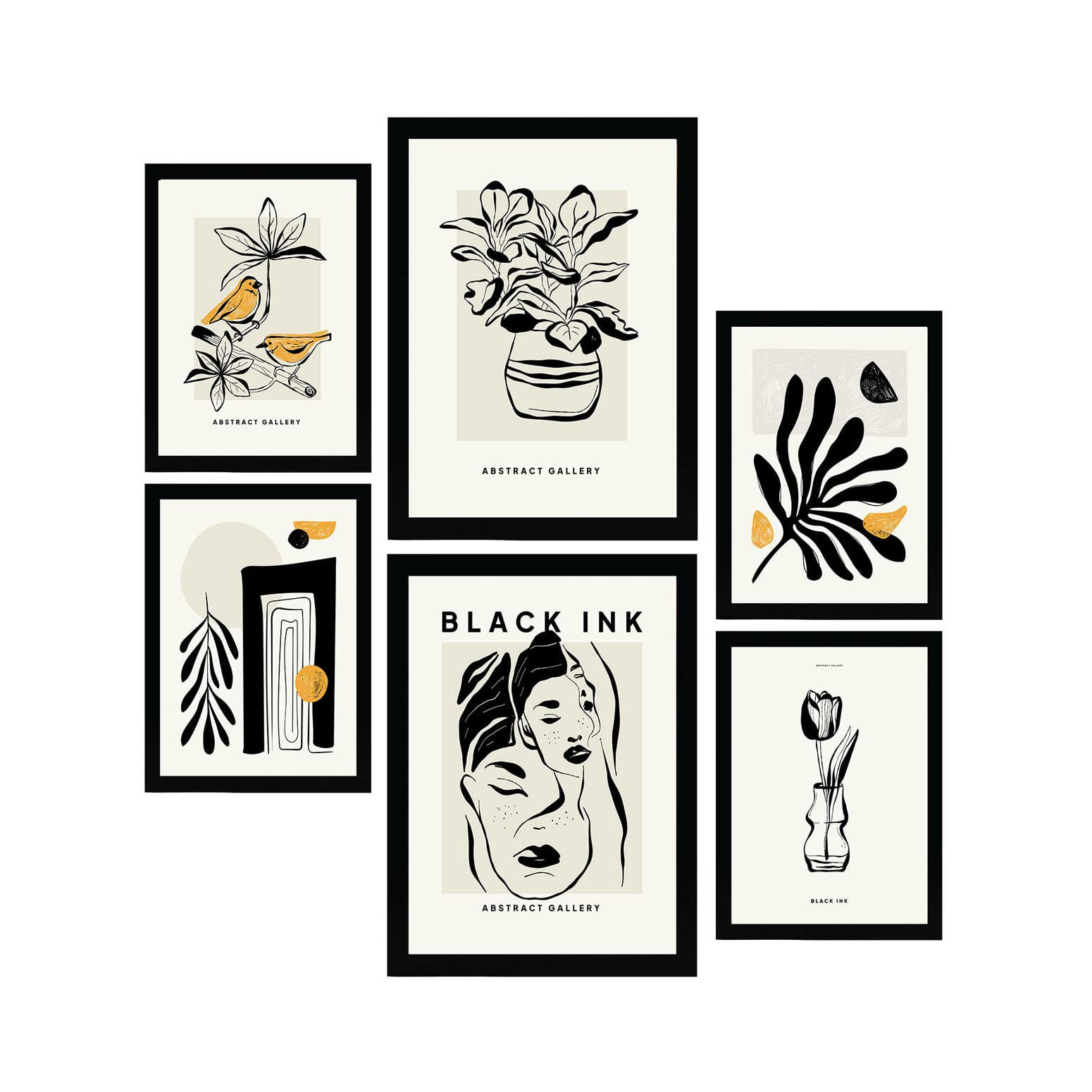 POSTER Set Mit 6 In Schwarzer Tinte Orientalisch Künstlerische Und Abstrakte Drucke Für Innenarchitektur A3 & A4 Schwarzer Rahmen - Schwarz, Papier (29/3cm) - Nacnic