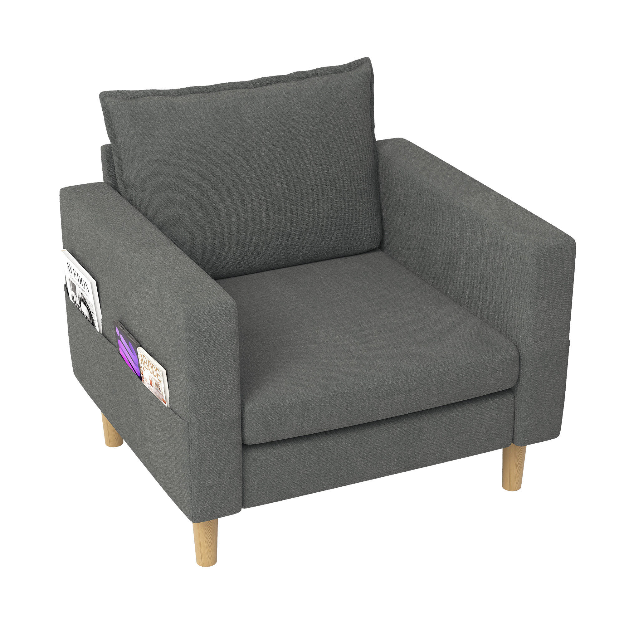 SESSEL Chenille Grau mit Seitentasche und Kissen - Grau, Holz/Holzwerkstoff (71/82/68cm) - WISHDOR