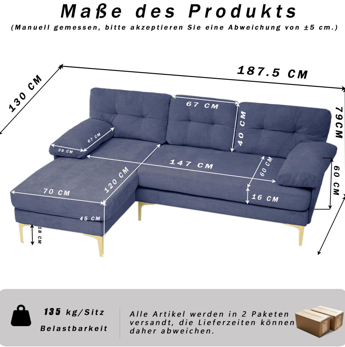 ECKSOFA 187,5/130/79 cm blau aus Holz mit Chenille - Blau, Holz (130/187.5cm) - OKWISH