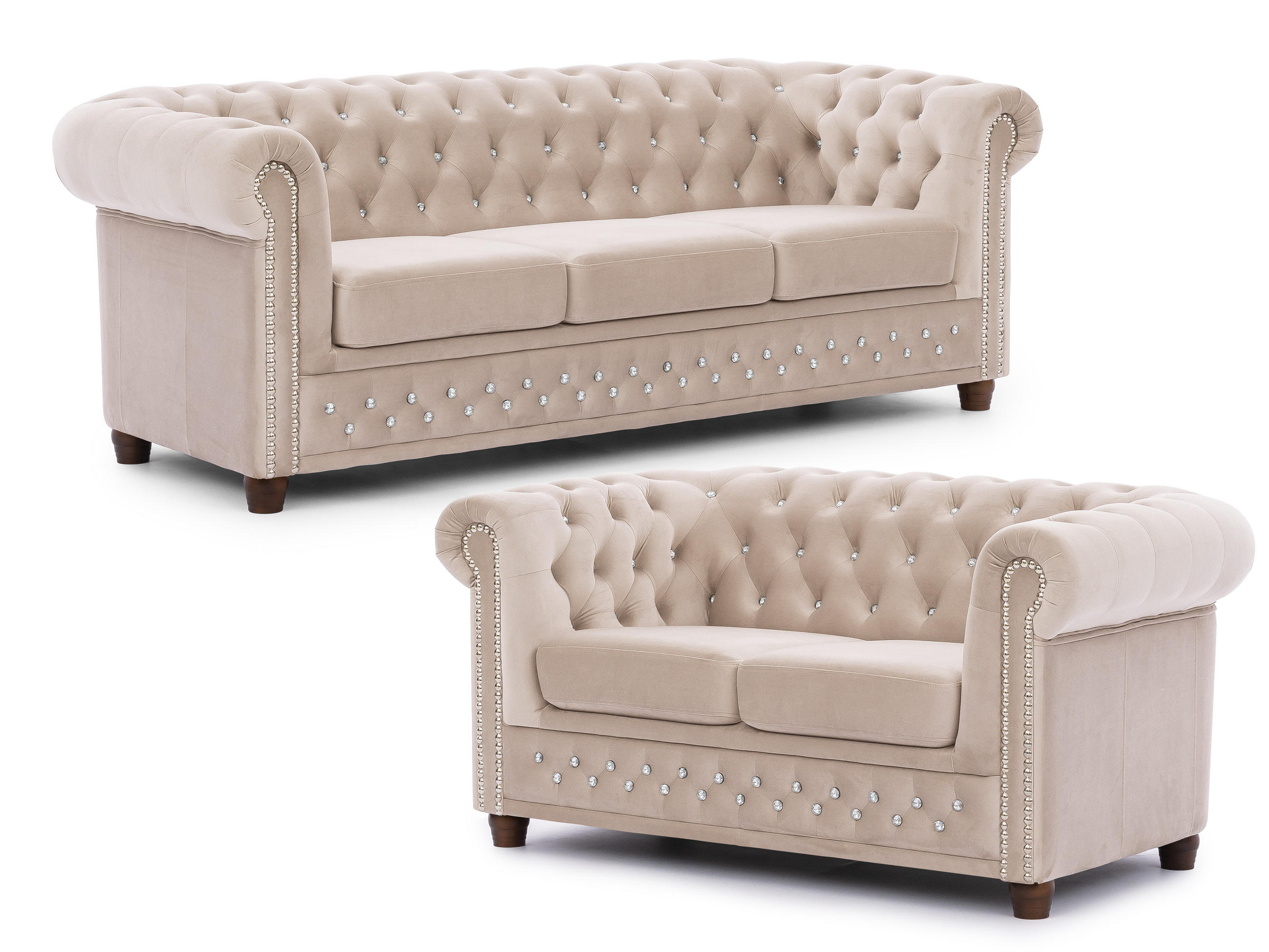 SITZGARNITUR 3+2 Chesterfield Cleo Blink Beige Samt mit Kristallsteppung und braunen Massivholzfüßen - Beige/Braun, Holz/Textil (203/72/86cm) - S-Style Möbel