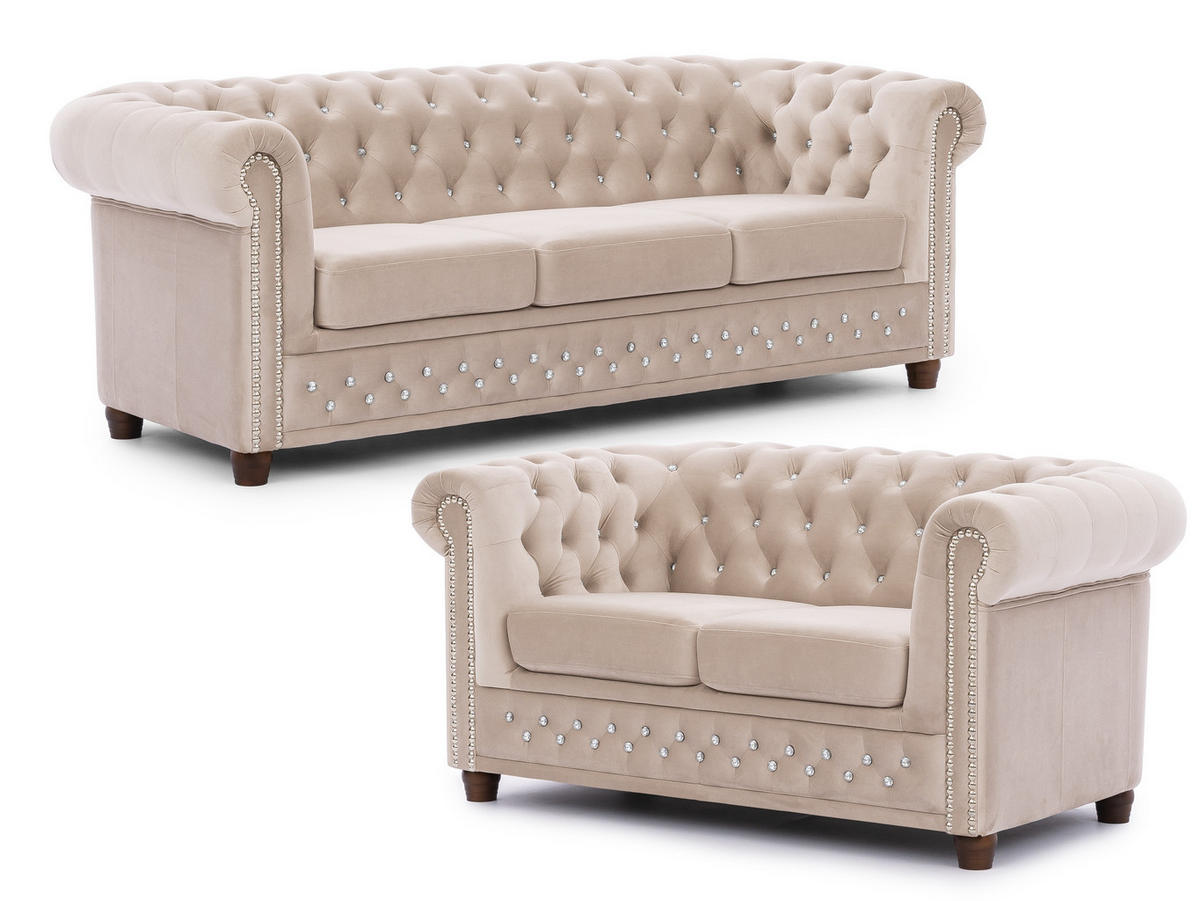 SITZGARNITUR 3+2 Chesterfield Cleo Blink Beige Samt mit Kristallsteppung und braunen Massivholzfüßen - Beige/Braun, Holz/Textil (203/72/86cm) - S-Style Möbel