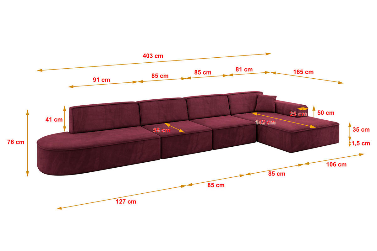 ECKSOFA Ottomane Rechts IREA-L3-v3 - 403x165x76 cm Bordeauxrot - Bordeaux, Holzwerkstoff/Textil (403/165cm) - ALTDECOR
