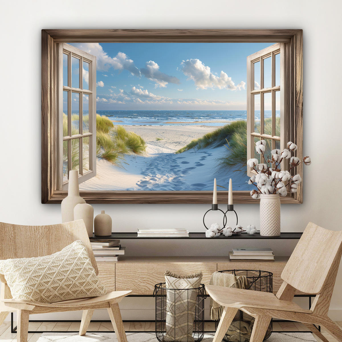 LEINWANDBILD Aussicht - Strand - Fenster - Dünen - Meer Groß 140x90 cm - Hellblau, Textil (140/90cm) - MuchoWow