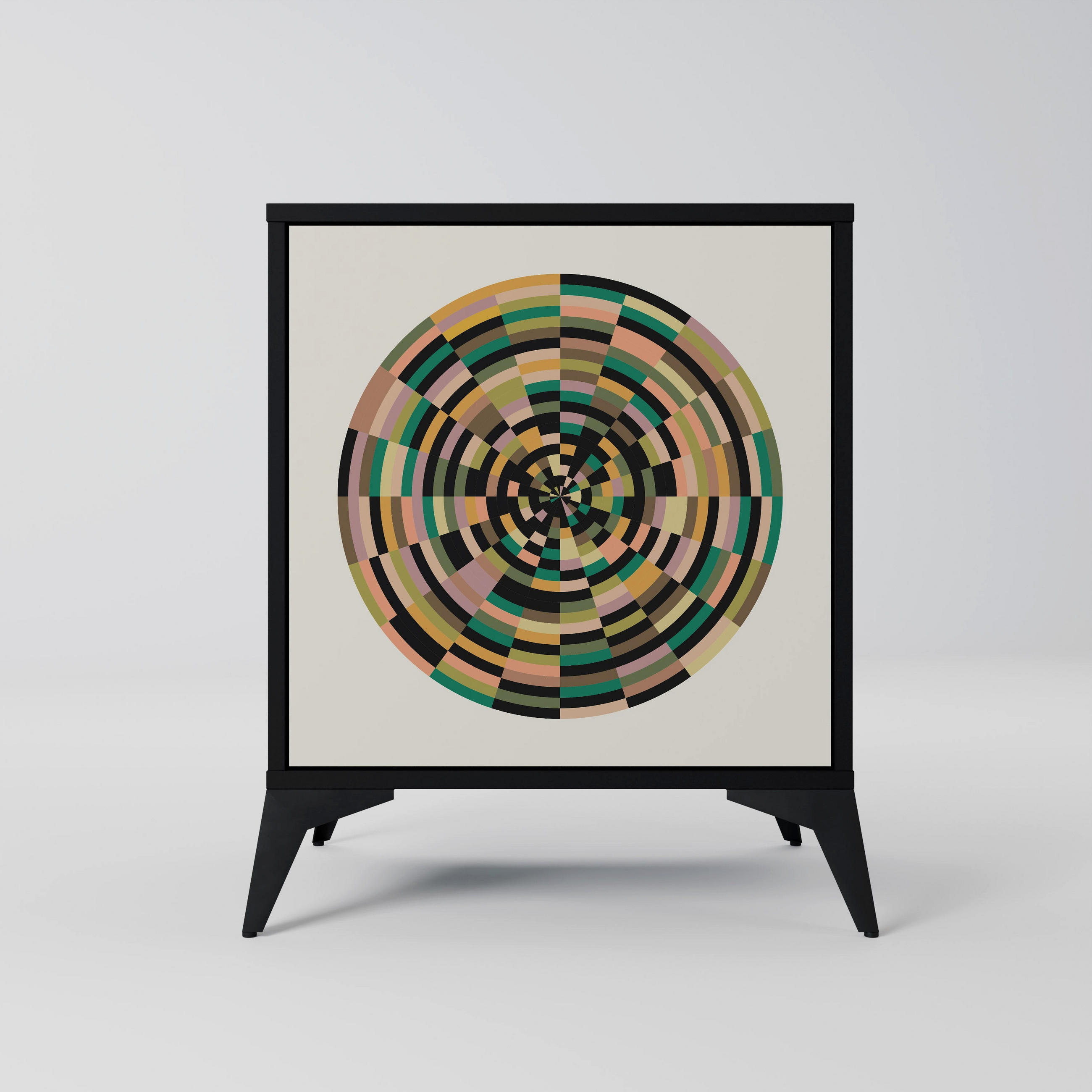 SIDEBOARD GREEN CIRCLES, Schwarz, 57,5x42x70,5 cm, Schwarze Metall-Sternfüße - Multicolor/Schwarz, Holzwerkstoff/Metall (57.5/70.5/42cm) - SpaceRebels