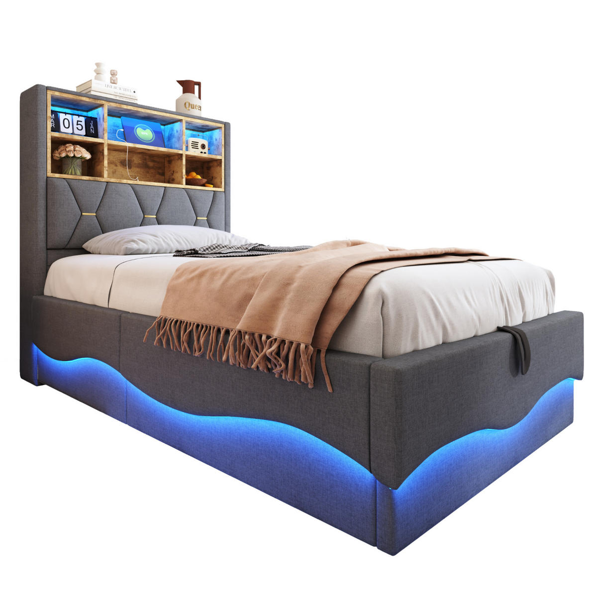 KINDERBETT 90/200 cm mit Stauraum, LED-Beleuchtung und USB in Grau - Grau, Metall (90/200cm) - BEAOK