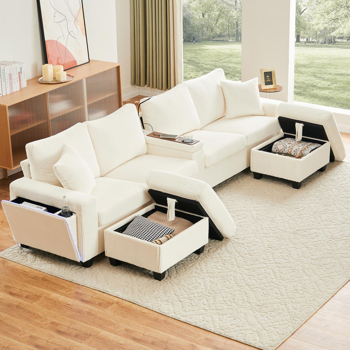 SOFA U-Form mit 2 Hockern 334 x 128,5 x 81 cm Cord Beige - Beige, Kunststoff (128.5/81/334cm) - Meubliv