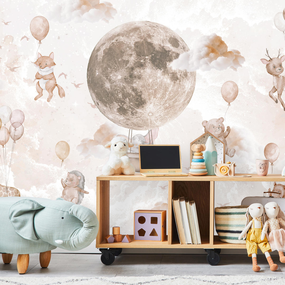 FOTOTAPETE für Kinderzimmer Mond Ballons Bär Rehkitz Giraffe Wolken 200x140 - Beige/Rosa, Papier (200/140cm) - Muralo
