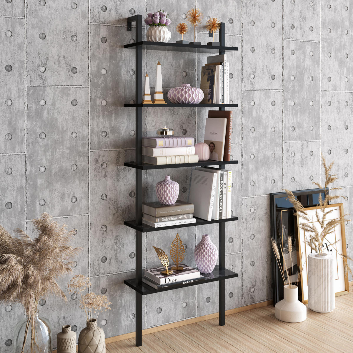 BÜCHERREGAL Piante Schwarz Marmor - Schwarz, Holzwerkstoff (22/174/60cm) - Decorotika