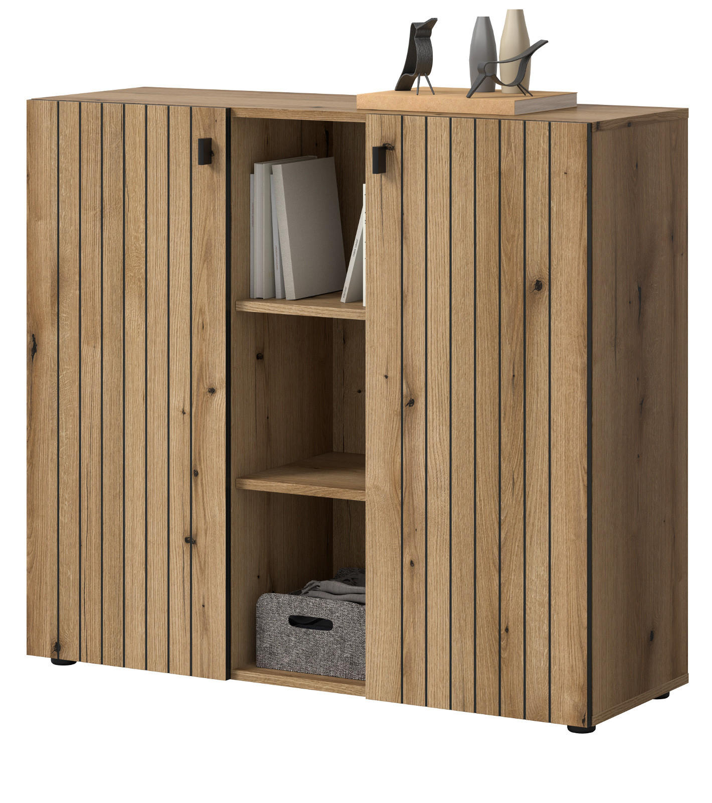 FLURKOMMODE Evoke Eiche 106 cm, Schuhschrank mit eingefräster Rillenoptik - Schwarz/Eiche Artisan, Glas/Holzwerkstoff (106/96/37cm) - Inn.Furn