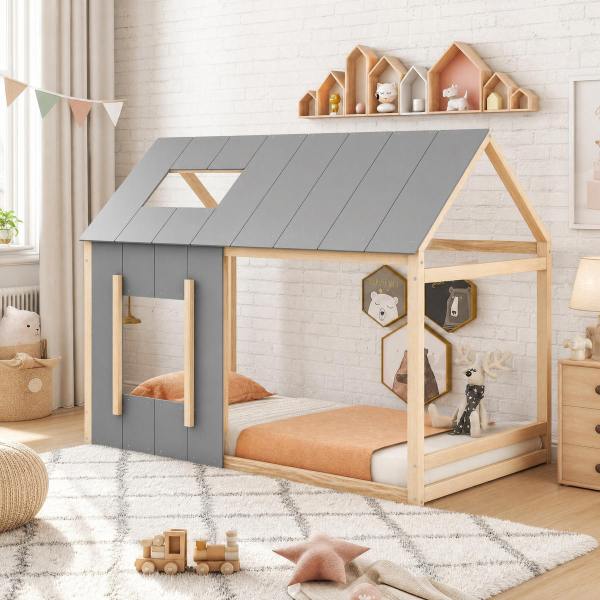 HAUSBETT 90/200 mit Hausdesign und Kiefernholz in Natur + Grau - Naturfarben/Grau, Holzwerkstoff (90/200cm) - EVRYAE