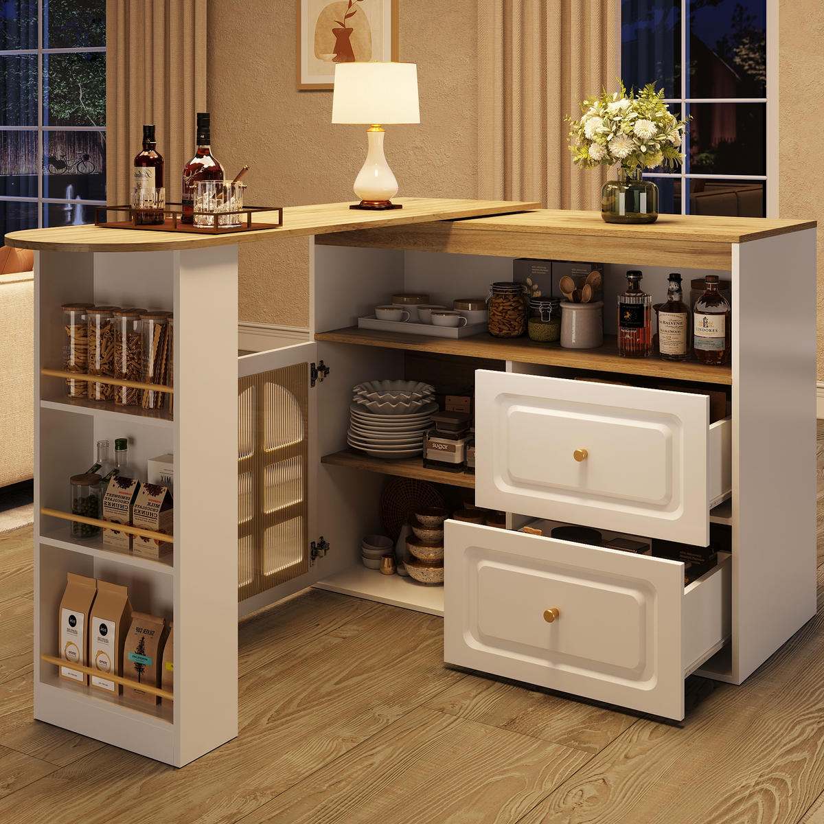 STEHTISCH 138-204x39x104cm Weiß mit Bogenglastür,Snackregal & Drehfunktion - Weiß, Holzwerkstoff (204/104/39cm) - Modfu