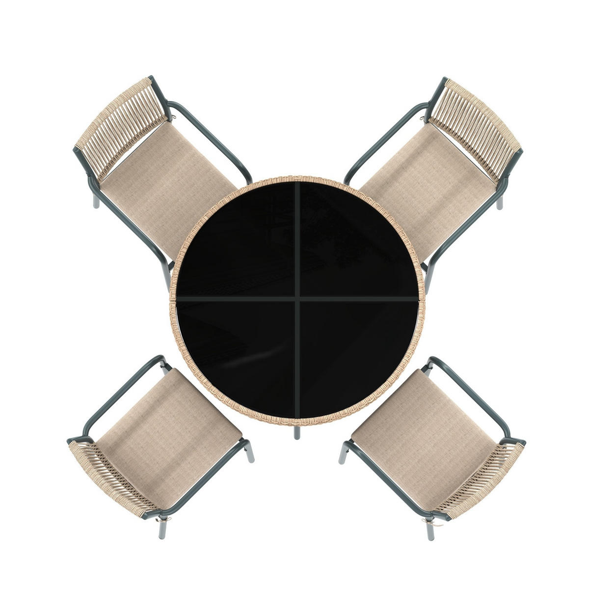 GARTENMÖBELSET 110/110/74 cm mit rundem Tisch, 4 Sesseln, Sicherheitsglas und Sitzkissen, Grau - Beige, Metall - Redom