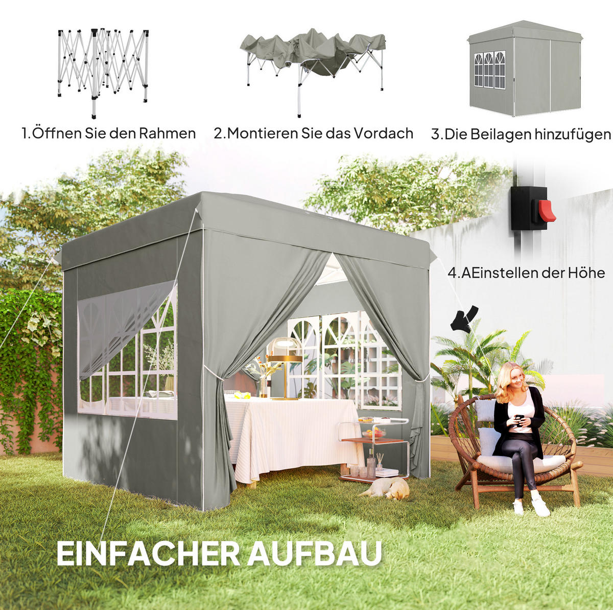 PAVILLON 248/248/270 cm faltbar mit Pop-up-Mechanismus, UV-Schutz und höhenverstellbarem Gestell, Hellgrau - Hellgrau, Textil (248/270/248cm) - Redom