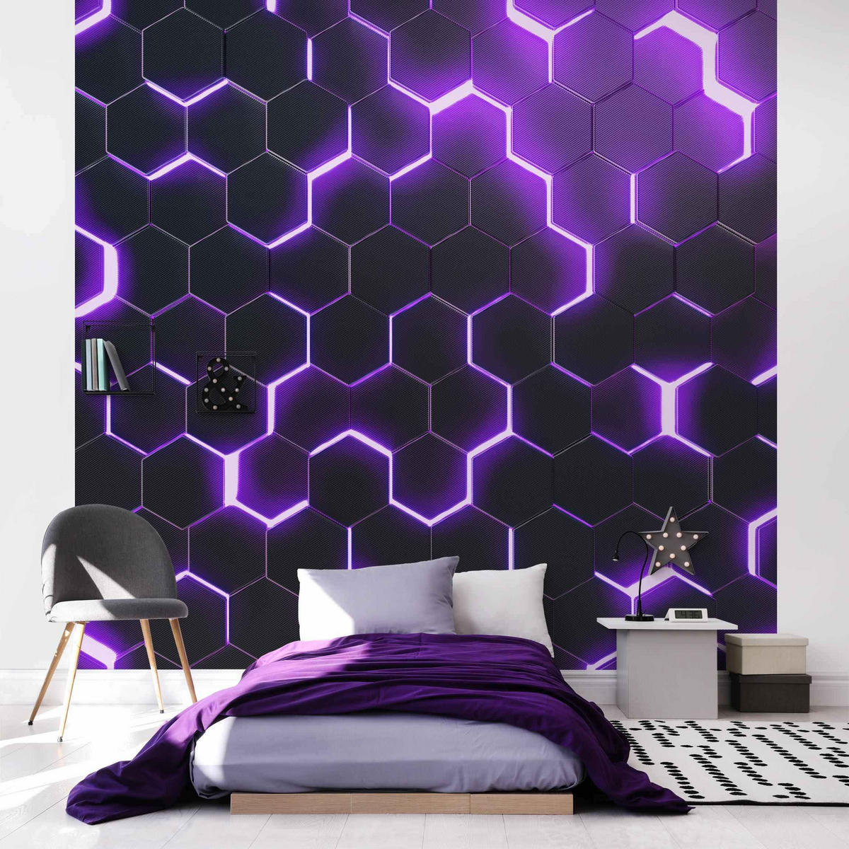 FOTOTAPETE Strukturierte Hexagone mit Neonlicht in Lila 288/288 cm - Schwarz, Papier (288/288cm) - Bilderwelten