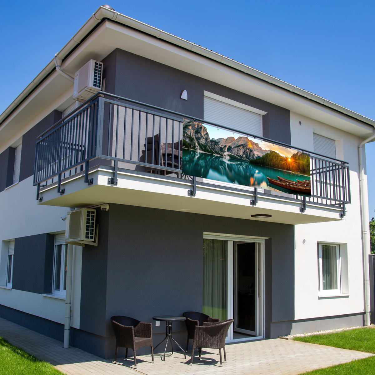 BALKON-SICHTSCHUTZ See - Berge - Sonnenuntergang - Boot - Petrol, Kunststoff (300/110cm) - MuchoWow