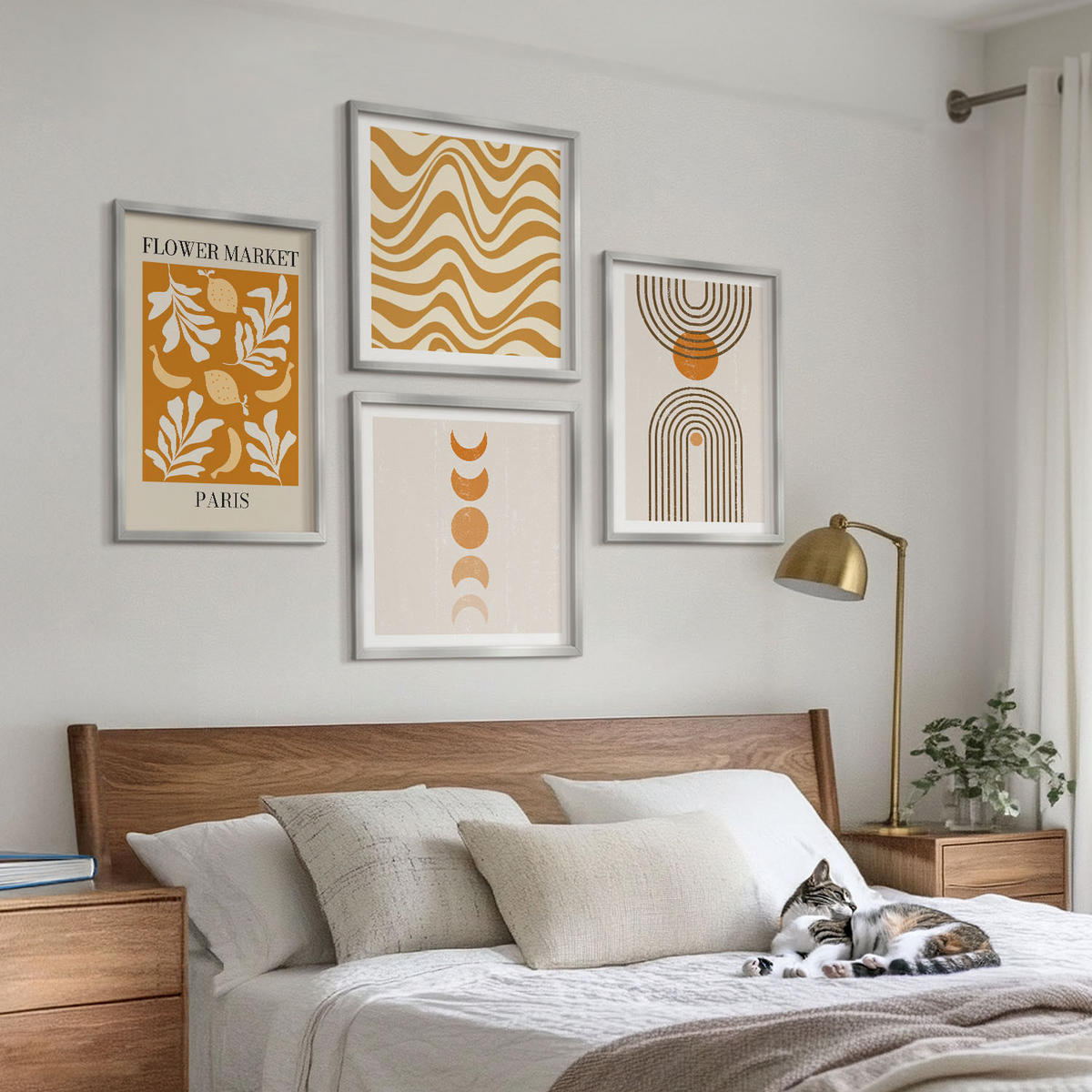 BILDER SET 4er Set - 50x50 cm & 40x60 cm Silberner Rahmen - Geometrische Pflanzenmuster - Silberfarben, Kunststoff (50/50cm) - TULUP