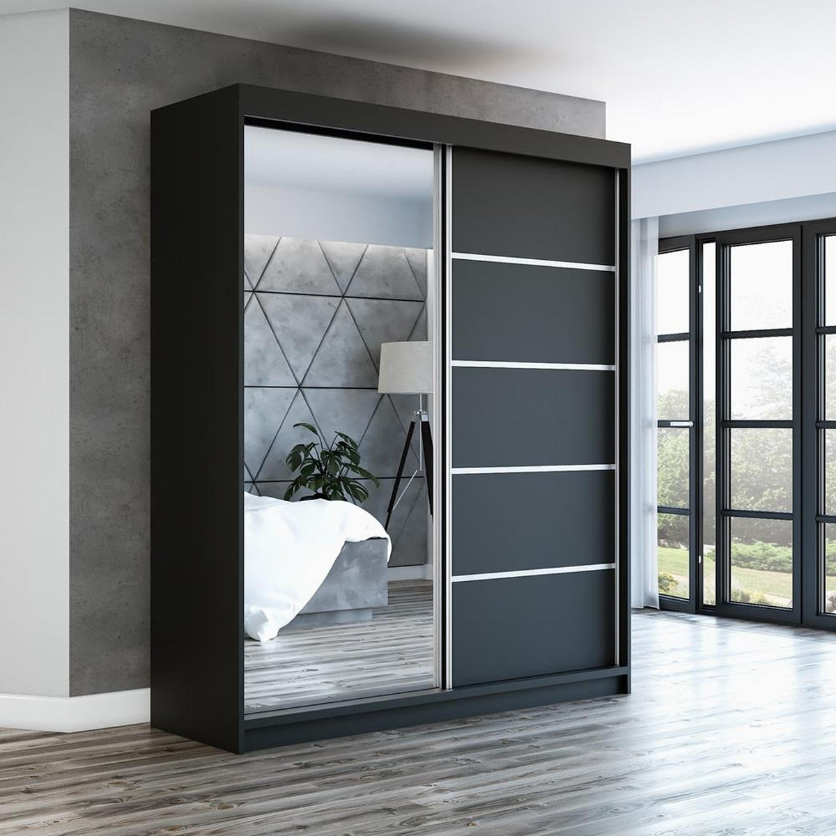 SCHWEBETÜRENSCHRANK 180 CM BERLIN Farbe: Schwarz - Schwarz, Holzwerkstoff (180/215/59.5cm) - A&J MöbelLand