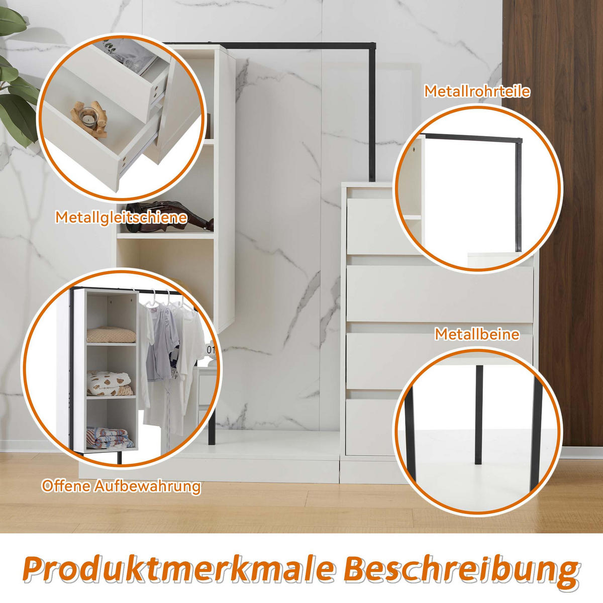 GARDEROBEN-SET in Weiß mit Kleiderstange und Schubladen für Schlafzimmer und Flur, B140/T40/H135 cm - Weiß, Holzwerkstoff/Metall (140/135/40cm) - STILVORA