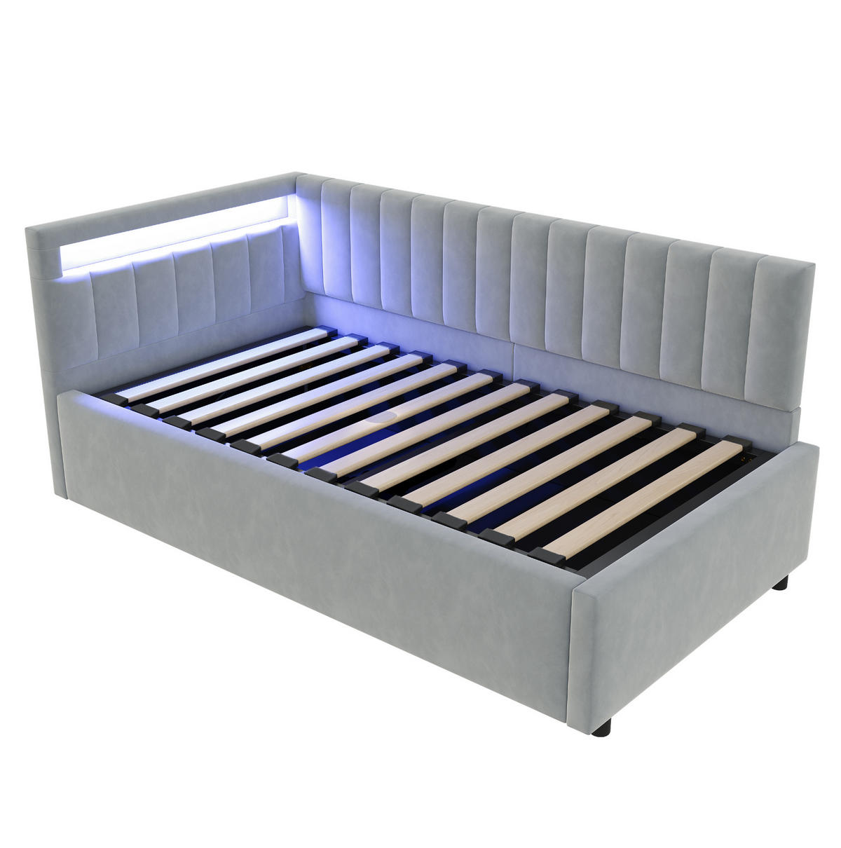 ČALÚNENÁ posteľ 90x200 cm sivá zo zamatovej látky s LED osvetlením a hydraulickým úložným priestorom - svetlosivá, textil (90/200cm) - Modfu