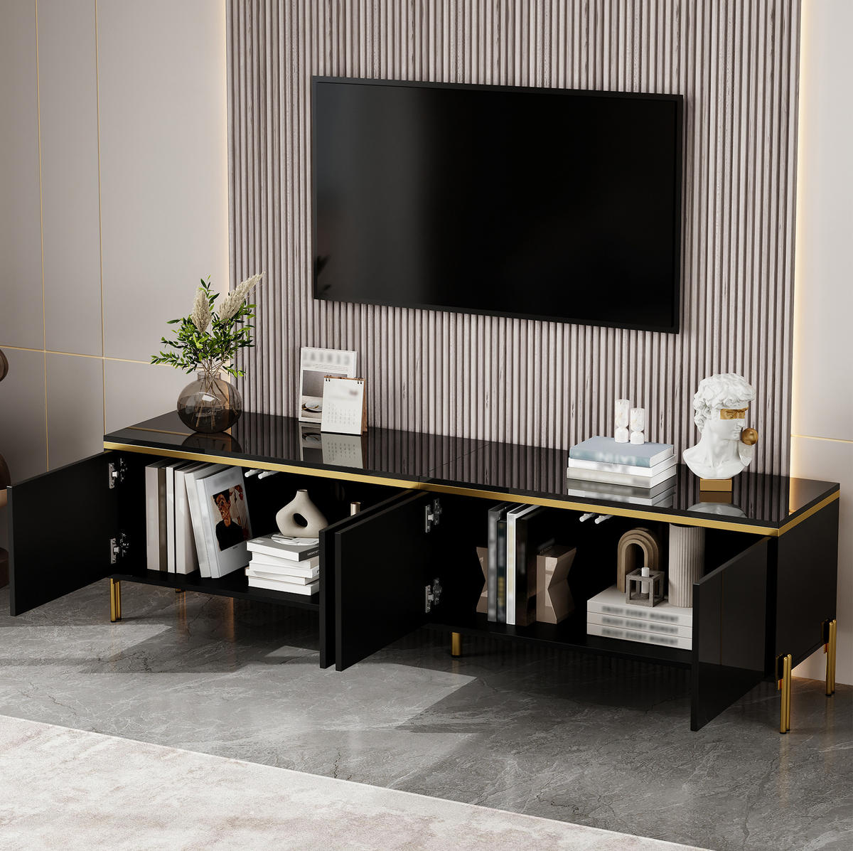 TV stolek 170/38/50 cm s úložným prostorem, kabelovými průchodkami a vysokým leskem, Černá - černá, kompozitní dřevo (170/50/38cm) - Redom