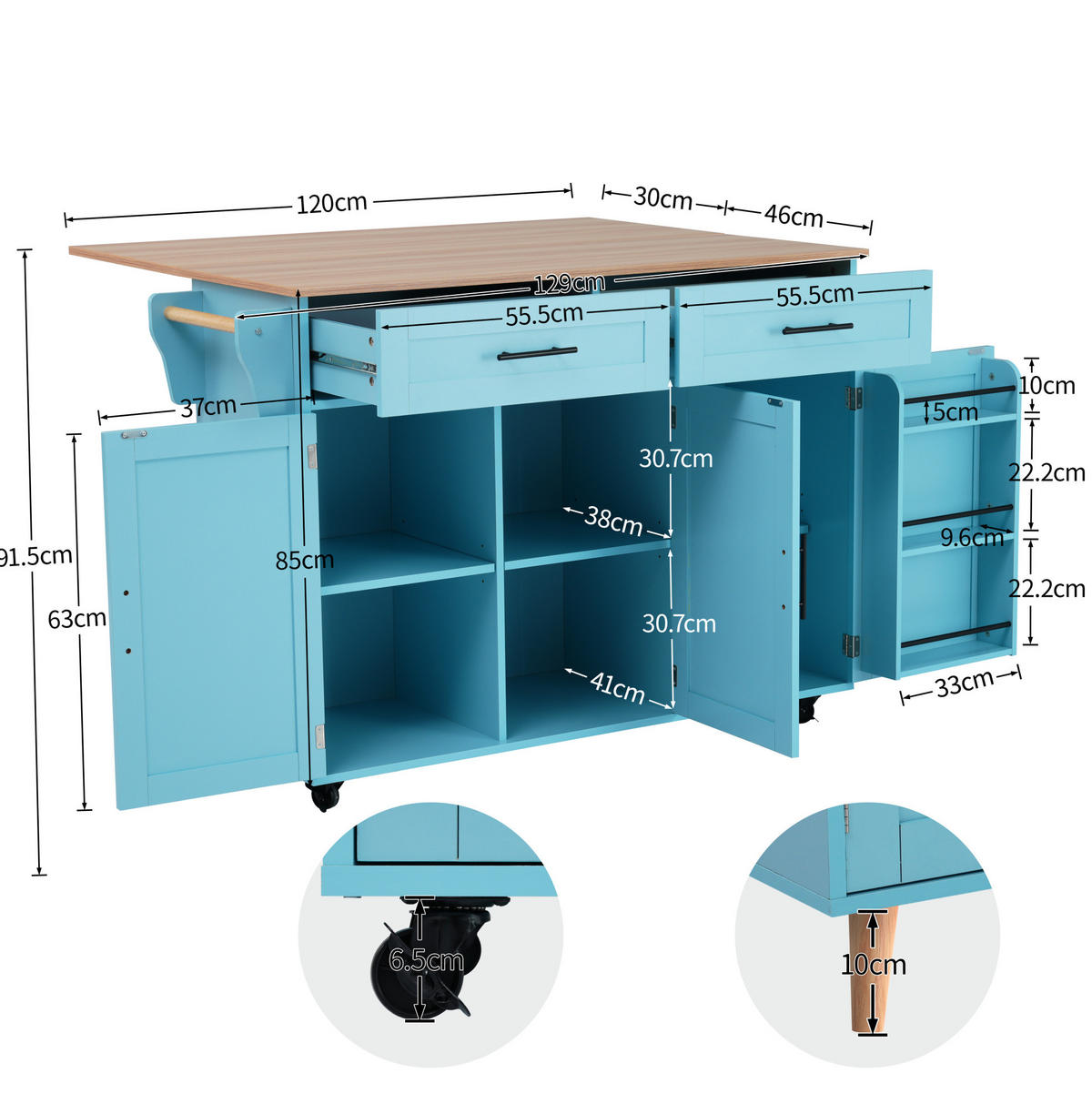 SPEISEWAGEN mit Klappplatte 129 x 71 x 91,5 cm MDF Blau - Blau, Holz (46/91.5/120cm) - Beauniv