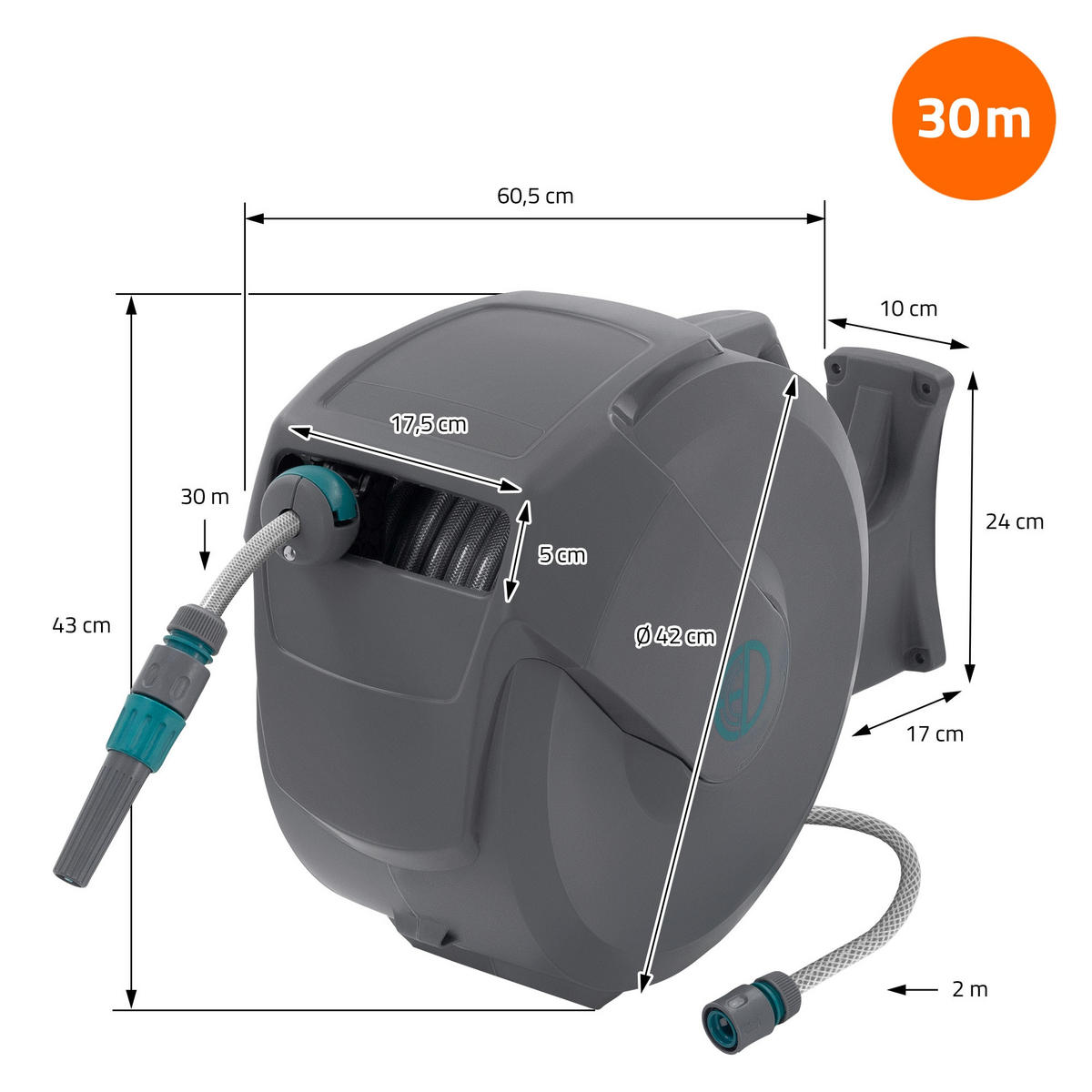 SCHLAUCHAUFROLLER 30m - Grau, Kunststoff (21/43/60.5cm) - ECD-Germany
