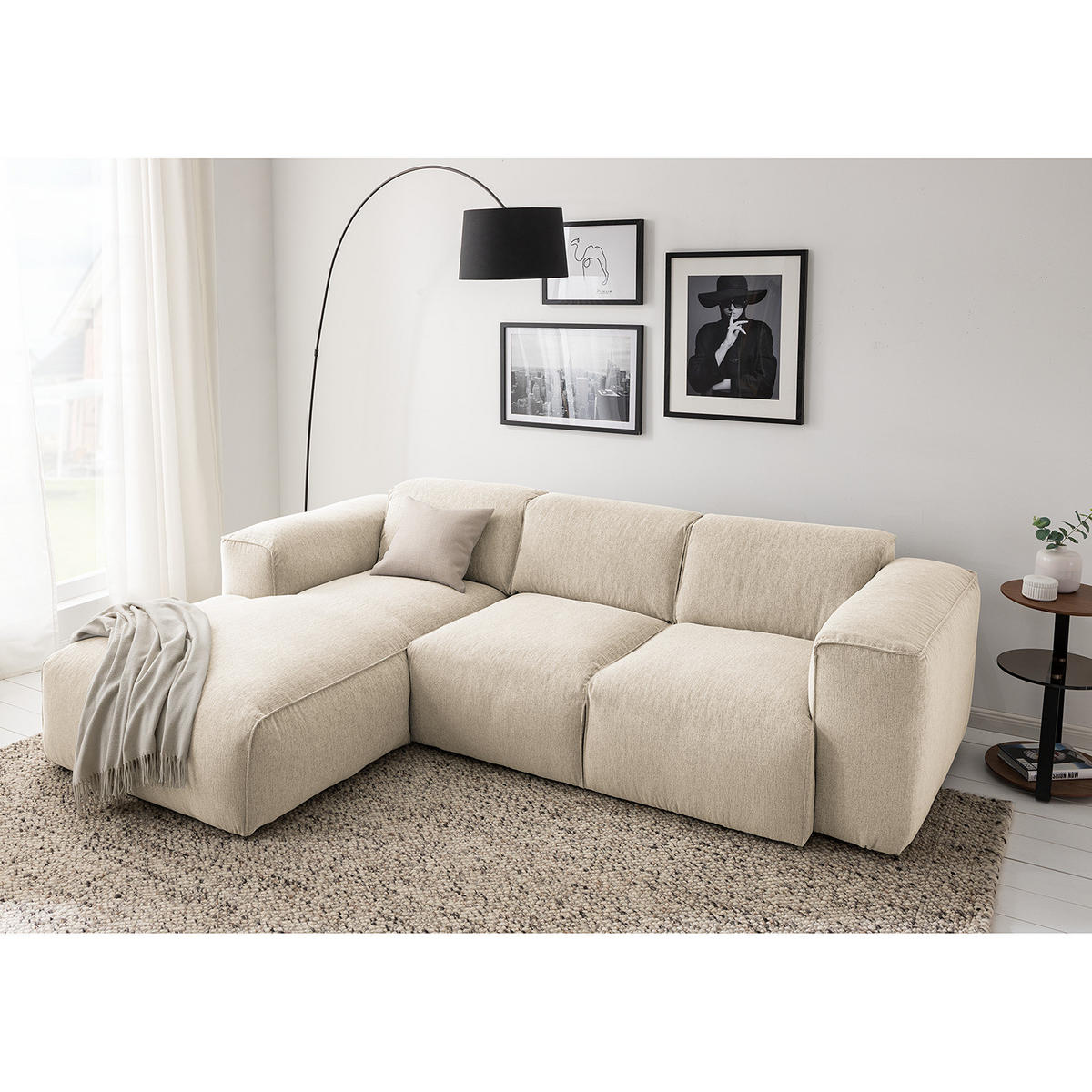 3-SITZER ECKSOFA mit Longchair - Beige/Schwarz, Kunststoff/Textil (251/173cm) - home24