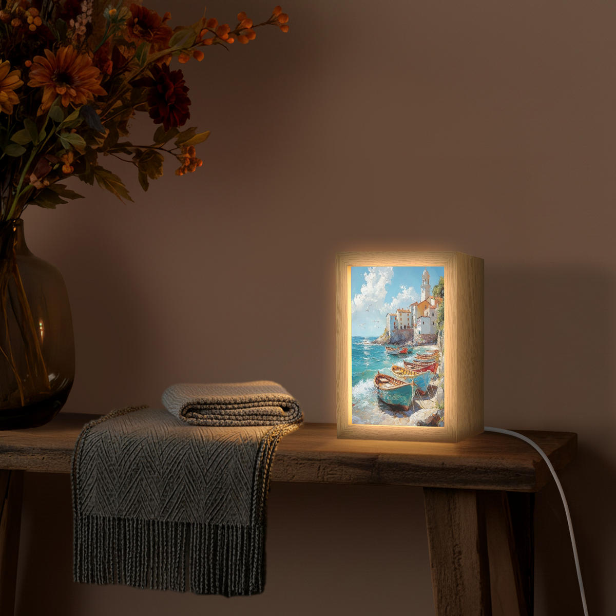 NÁSTĚNNÁ LAMPA Lodě - skály - moře - slunce 15x20 cm - modrá, kompozitní dřevo (15/20/8cm) - OnlyWow