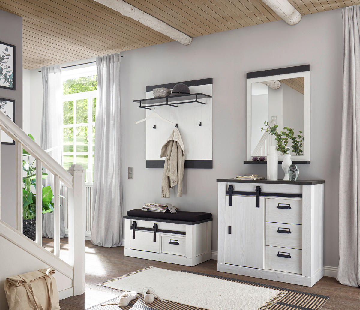 GARDEROBENBANK weiß Pinie, anthrazit Landhaus, Garderobenbank 93 x 46 cm - Anthrazit/Weiß, Holzwerkstoff/Metall (93/46/43cm) - Furn.Design