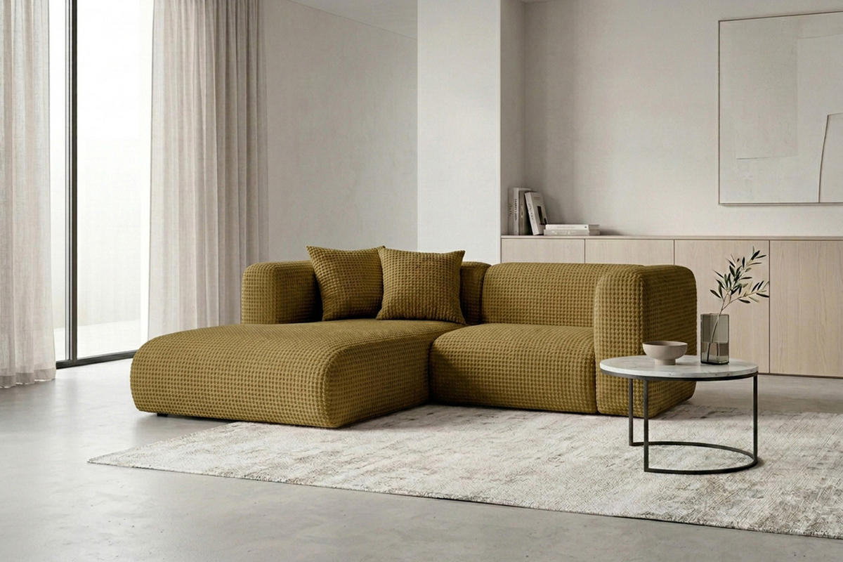 ECKSOFA L-Form mini, Chenille-Stoff Cremona, Olive, Links, GRETA - Olivgrün, Holz (226/179cm) - Kaiser Möbel