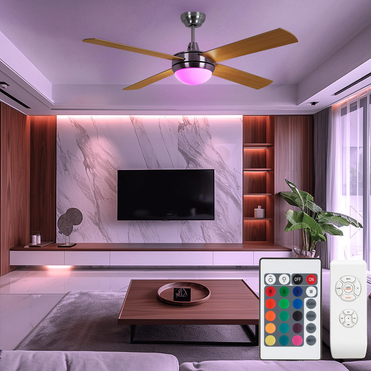 DECKENLEUCHTE Deckenventilator Sperrholz Braun - Silberfarben, Glas (132/132/46cm)