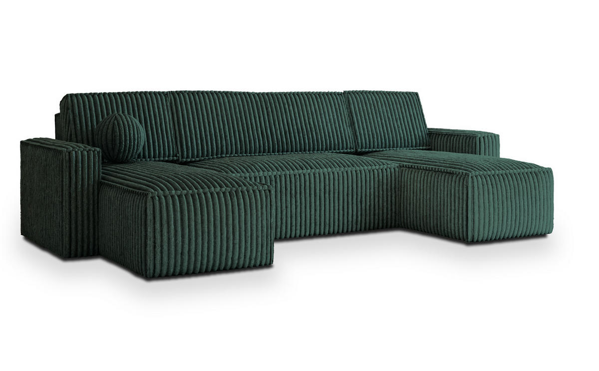 WOHNLANDSCHAFT PESANO T Grün Kordstoff mit Schlaffunktion - Grün, Holz (306/85/140cm) - MASSENO
