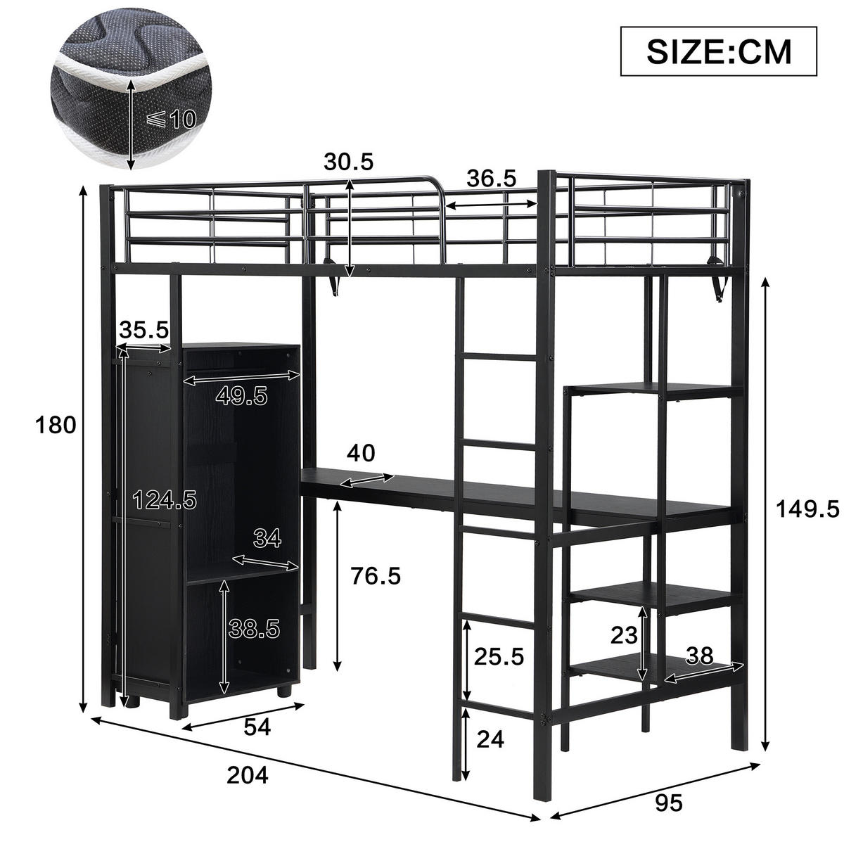ETAGENBETT aus Metall und MDF 90x200 cm Schwarz mit Schreibtisch, Kleiderschrank, Regalen und 5-stufiger Leiter - Schwarz, Metall (90/200cm) - Modfu