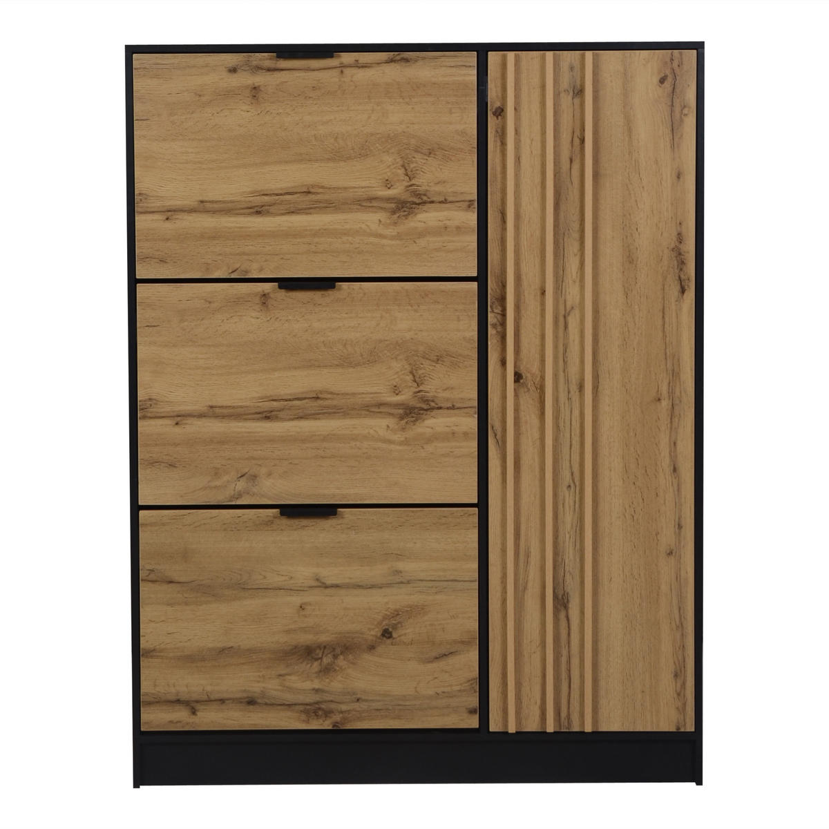 SCHUHKIPPER DE-37841 mit 3 Klappfächern und 1 Türfach Holzfarbe/Schwarz - Naturfarben, Holzwerkstoff (100/130/30cm) - ComfortXL