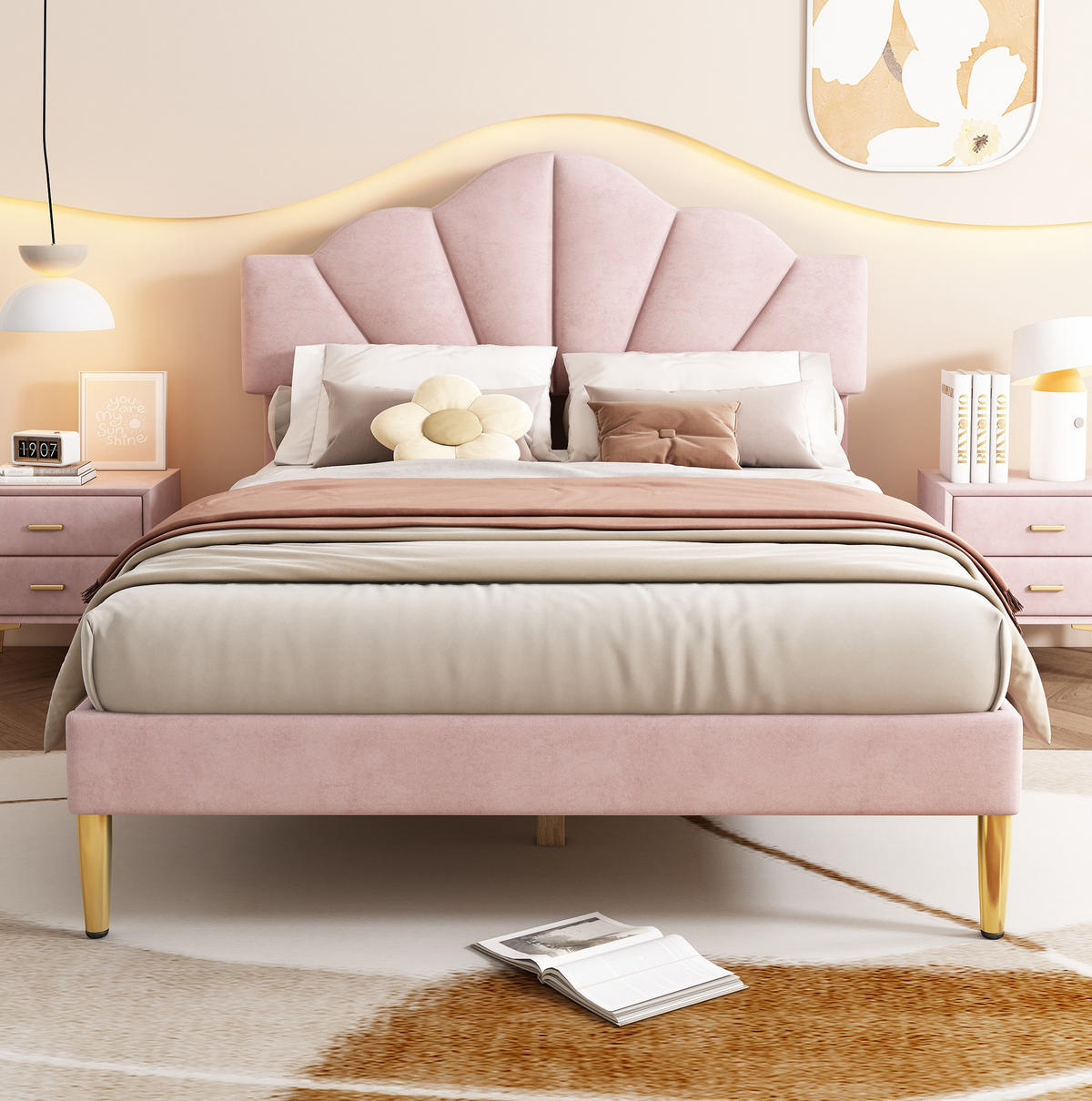 KINDERBETT Polsterbett 140/190 cm aus Velours mit höhenverstellbarem Kopfteil Rosa - Rosa, Textil (140/190cm) - Modenvie