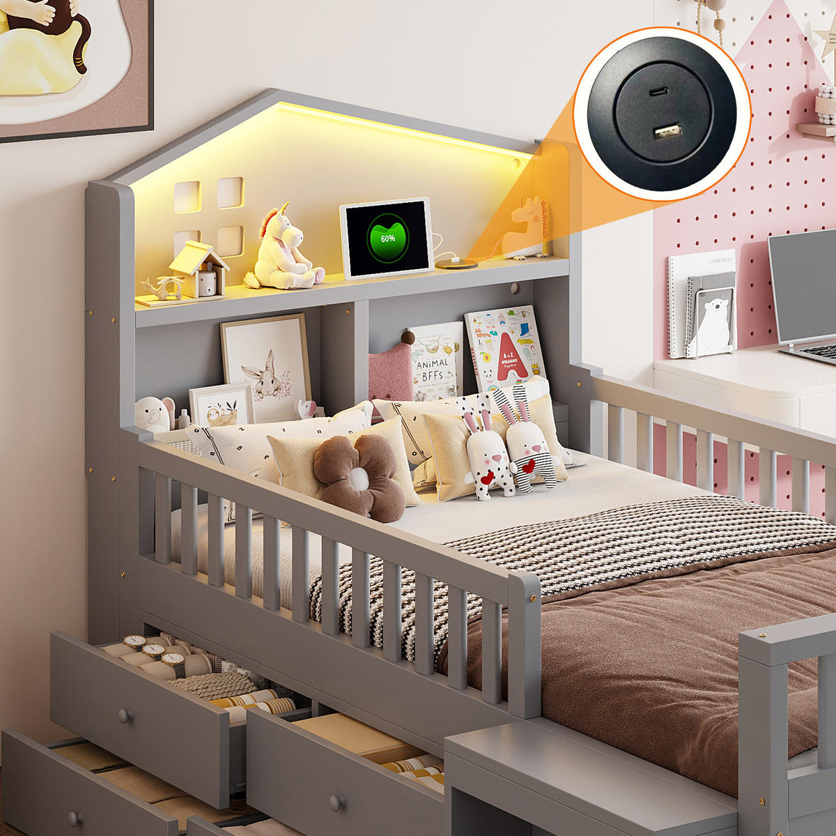 BETT 90/200 cm aus Massivholz mit LED-Leuchten, Schubladen, Treppe, Grau - Grau, Holz (90/200cm) - OKMYHOME