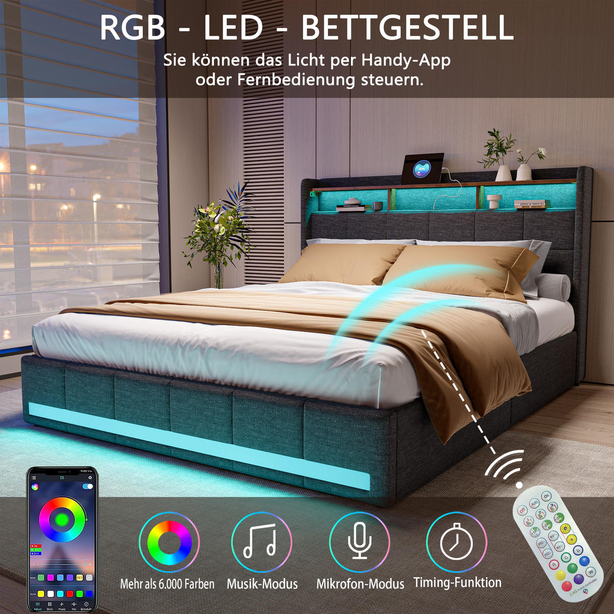 POLSTERBETT Leinen 160x200 cm mit LED Beleuchtung, USB und 4 Schubladen Grau - Grau, Holzwerkstoff (160/200cm) - Novahome