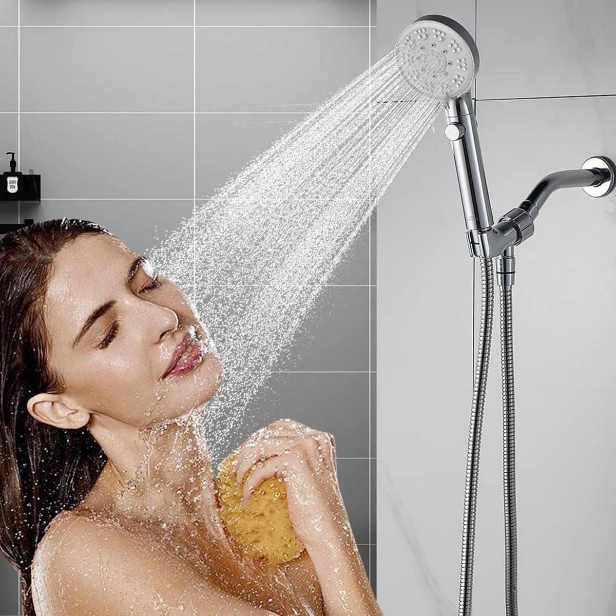 HANDBRAUSE mit Schlauch 1.5m 5 Strahlarten Wassersparend mit Stoppfunktion Chrom - Silberfarben, Kunststoff (9.5/12.7/24cm)