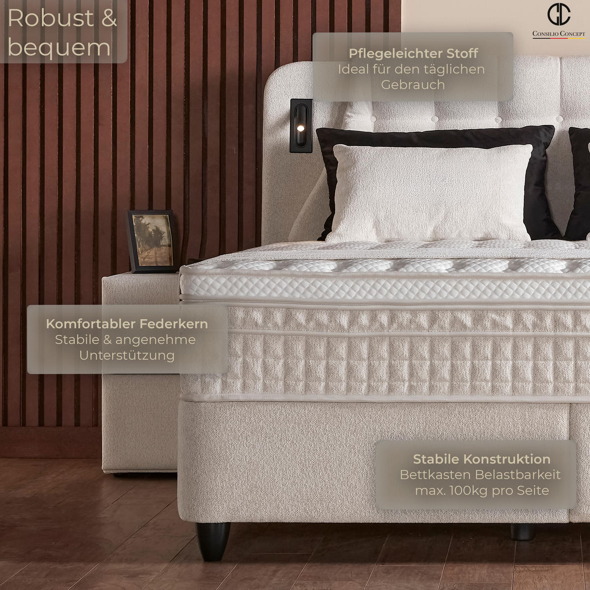 BOXSPRINGBETT MIT BETTKASTEN OSLO 160/200 cm, Ivory, Bettkasten, Matratze, Topper integriert, H3 mittel 7-Zonen Matratze - Creme/Schwarz, Holz/Kunststoff (160/200cm) - Consilio Concept
